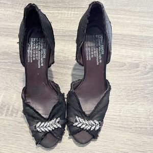 PEDRO GARCIA BLACK SATIN OPEN TOE HEELS WITH CRYSTALS